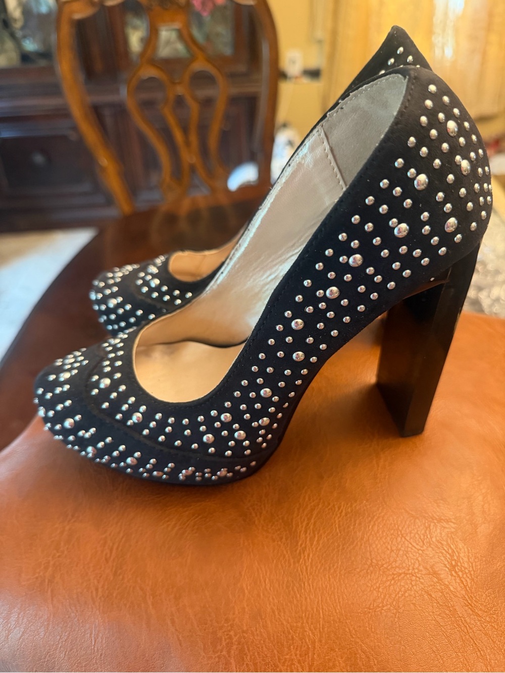 FRH Black Studded Suede High Heel Pumps